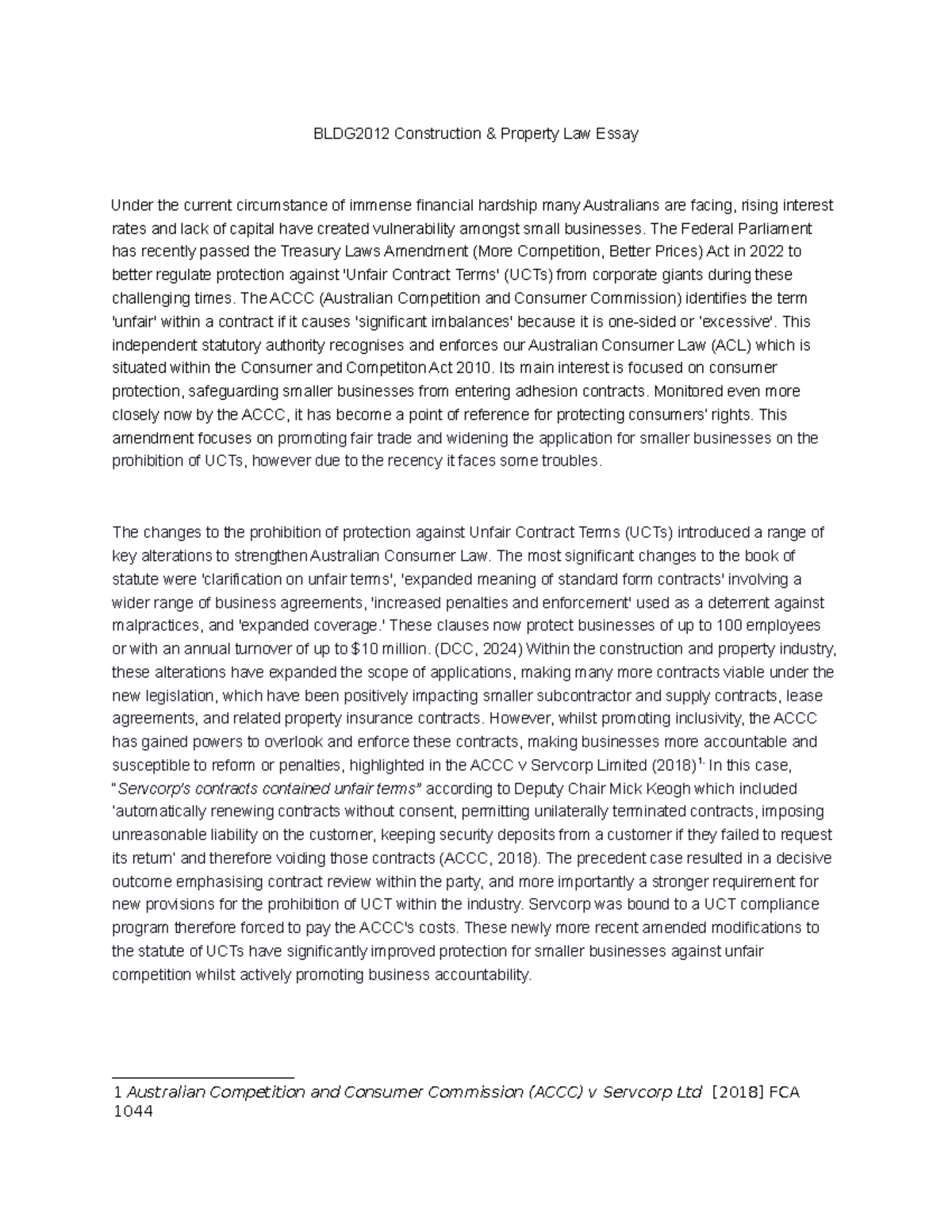 BLDG2012 Construction & Property Law Research Essay on UCTs - Studocu