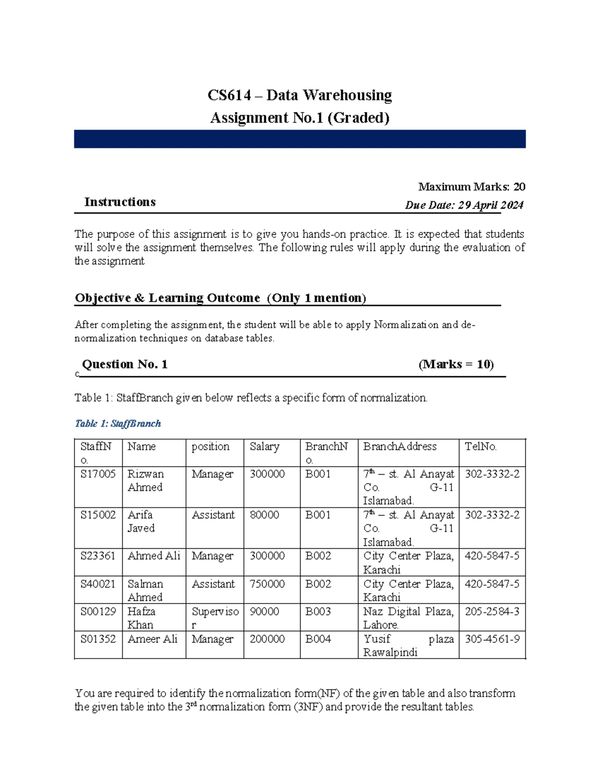Fall 2024 CS614 Assignment 1 - Data Warehousing Normalization Analysis ...