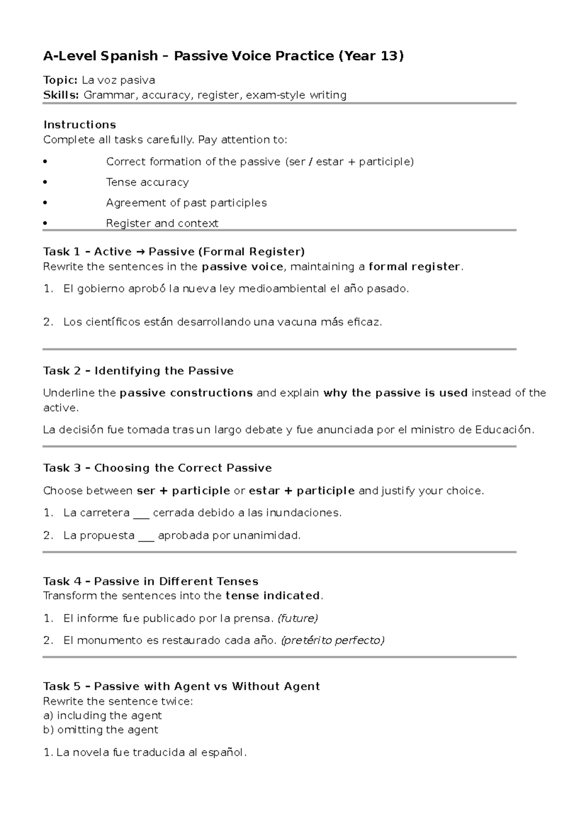 A-Level Spanish – Year 13 Passive Voice Practice Exercises - Studocu