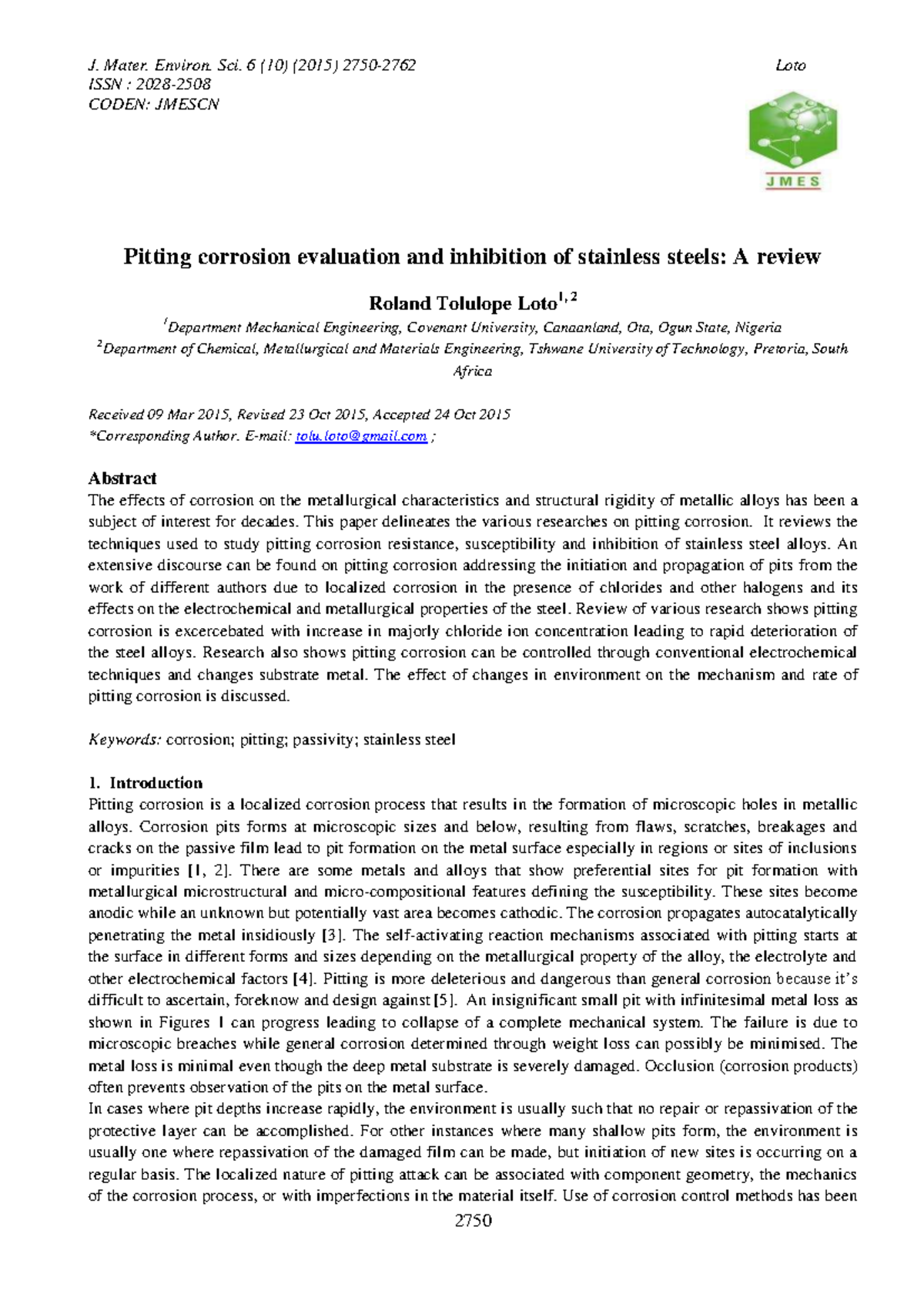 Pitting Corrosion Evaluation and Inhibition of Stainless Steels: A ...