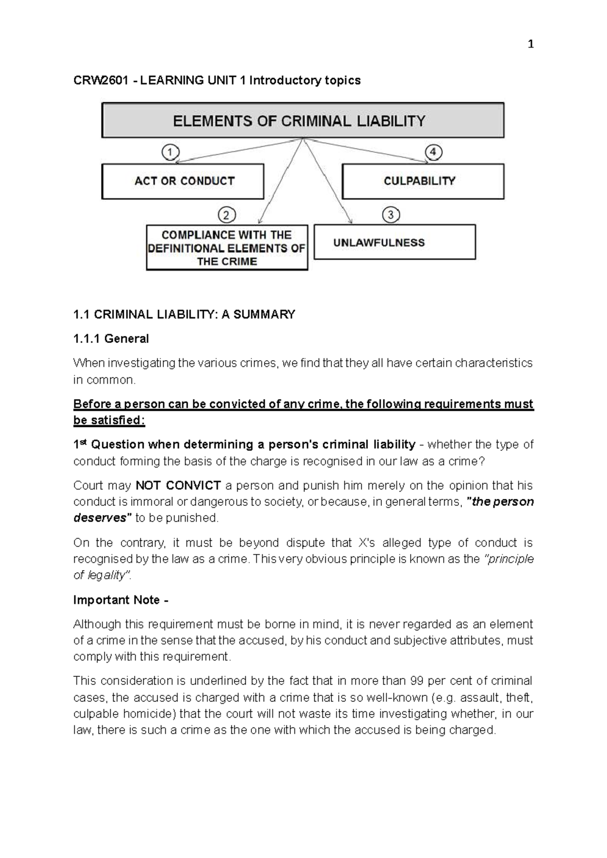CRW2601 Learning Unit 1: Intro to 4 Elements of Criminal Liability ...
