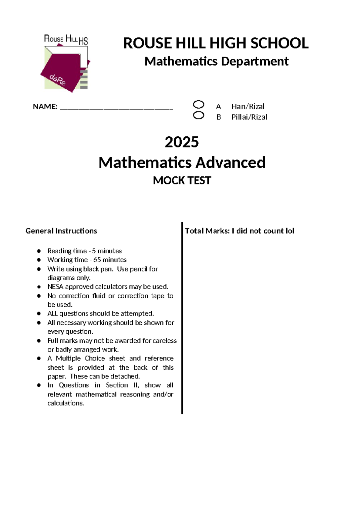 ROUSE HILL HIGH SCHOOL 2025 Mathematics Adv. Mock Test - Studocu
