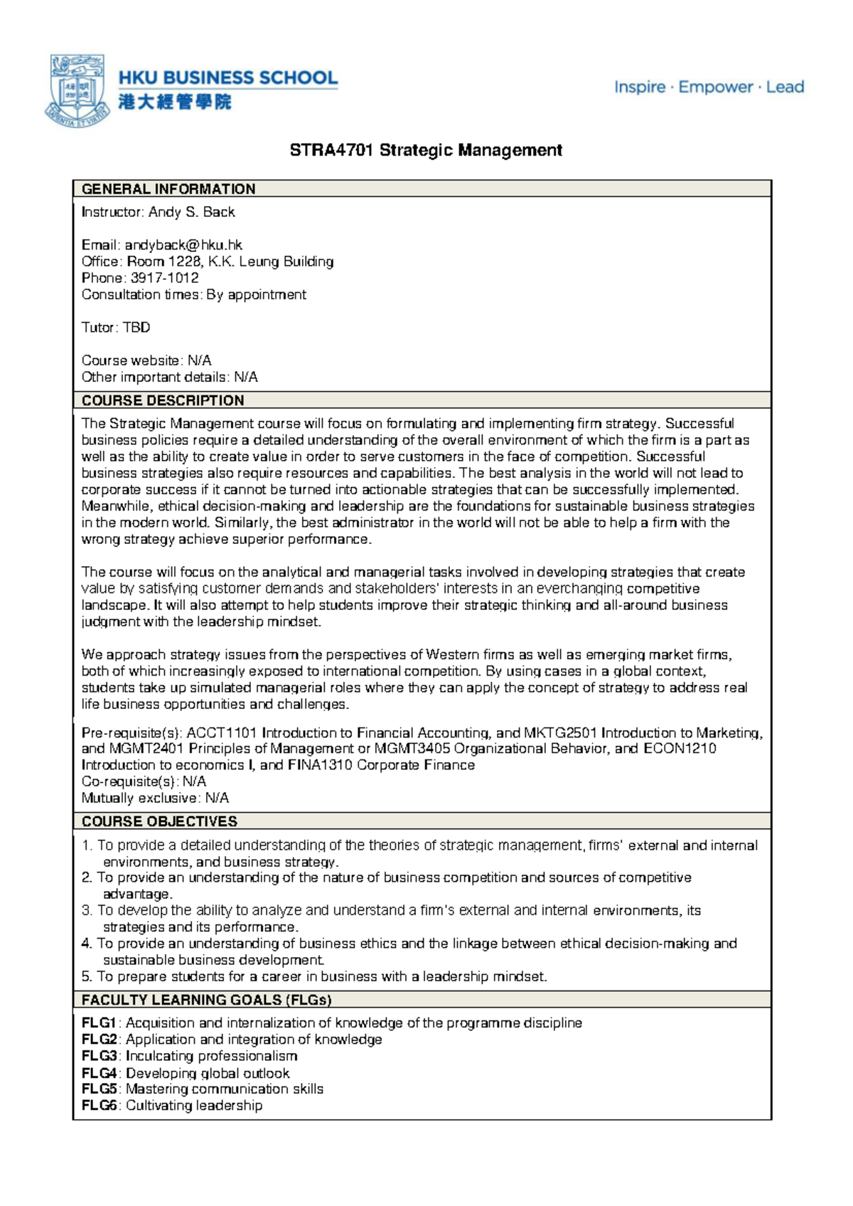 STRA4701 Strategic Management Course Outline 2023-2024 - Studocu