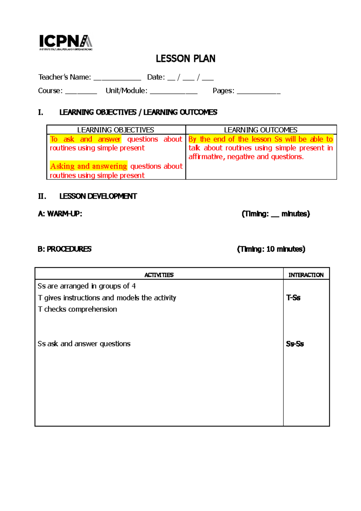 Lesson Plan Format - MET 2: Teaching Simple Present Routines - Studocu