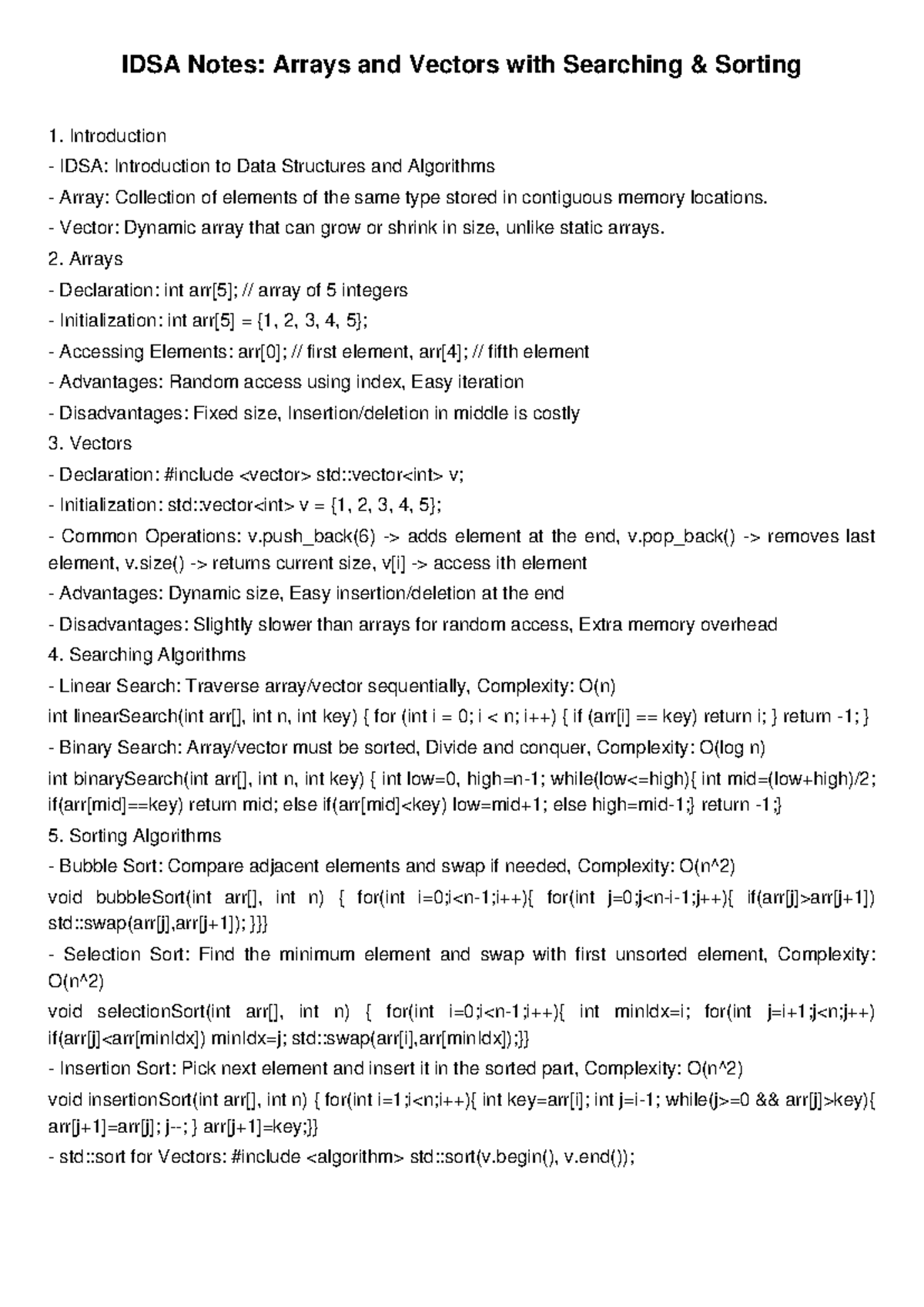 IDSA Notes: Arrays & Vectors - Searching & Sorting Techniques - Studocu