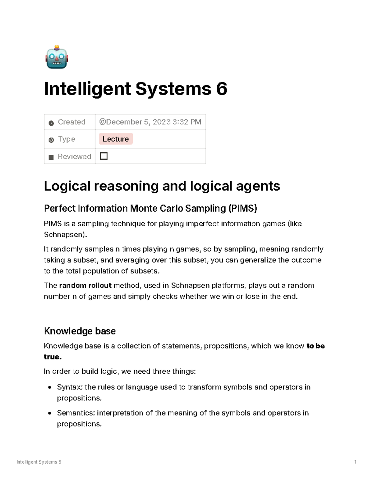 Intelligent Systems 6 - Lecture Notes on Logical Reasoning and PIMS ...