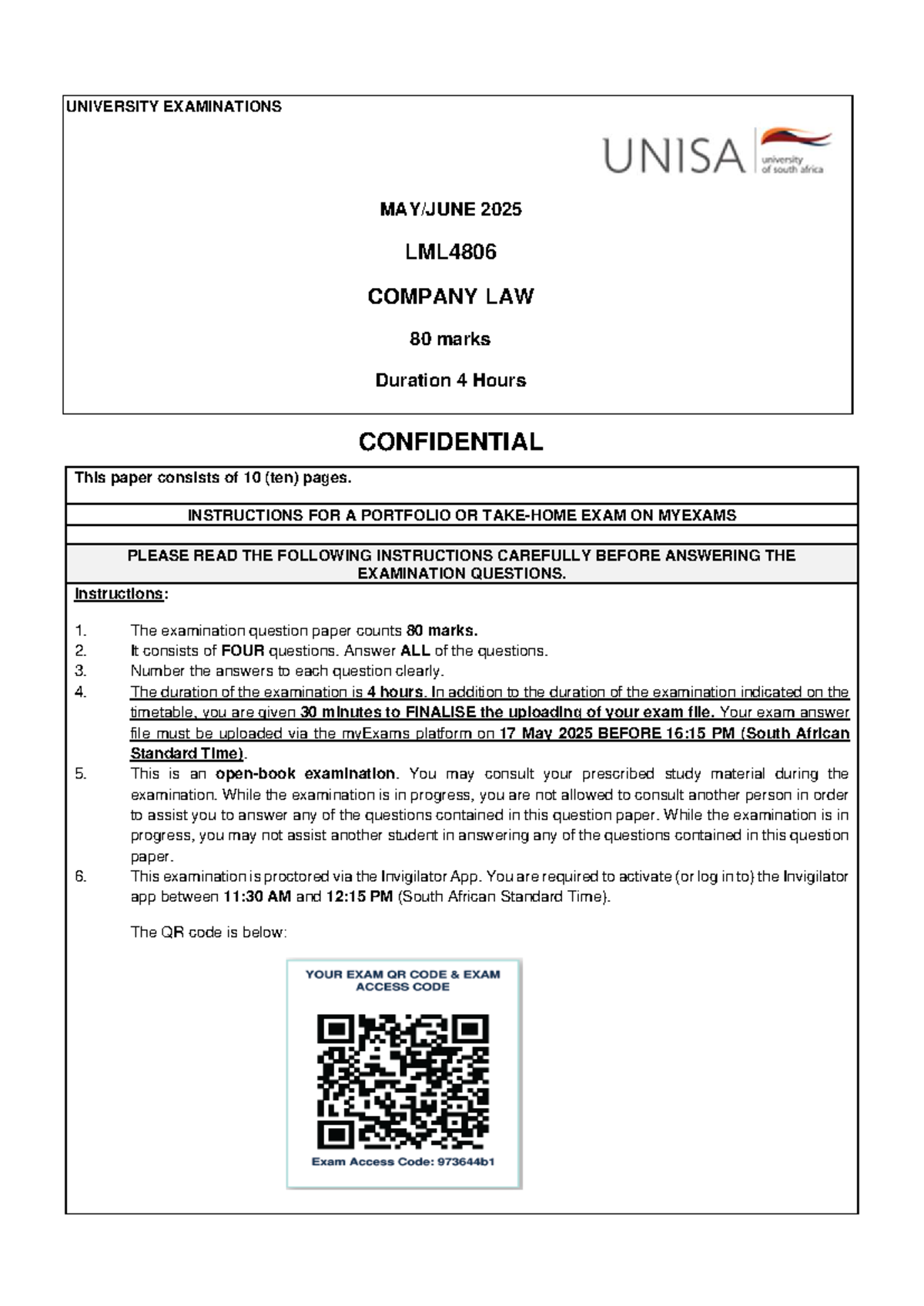 LML4806 Company Law Exam Question Paper - May/June 2025 (80 Marks ...