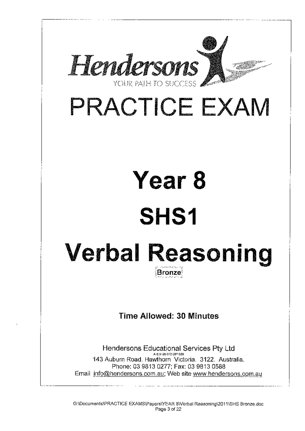 Hendersons Year 8 SHS1 Verbal Reasoning Practice Exam Bronze - Studocu