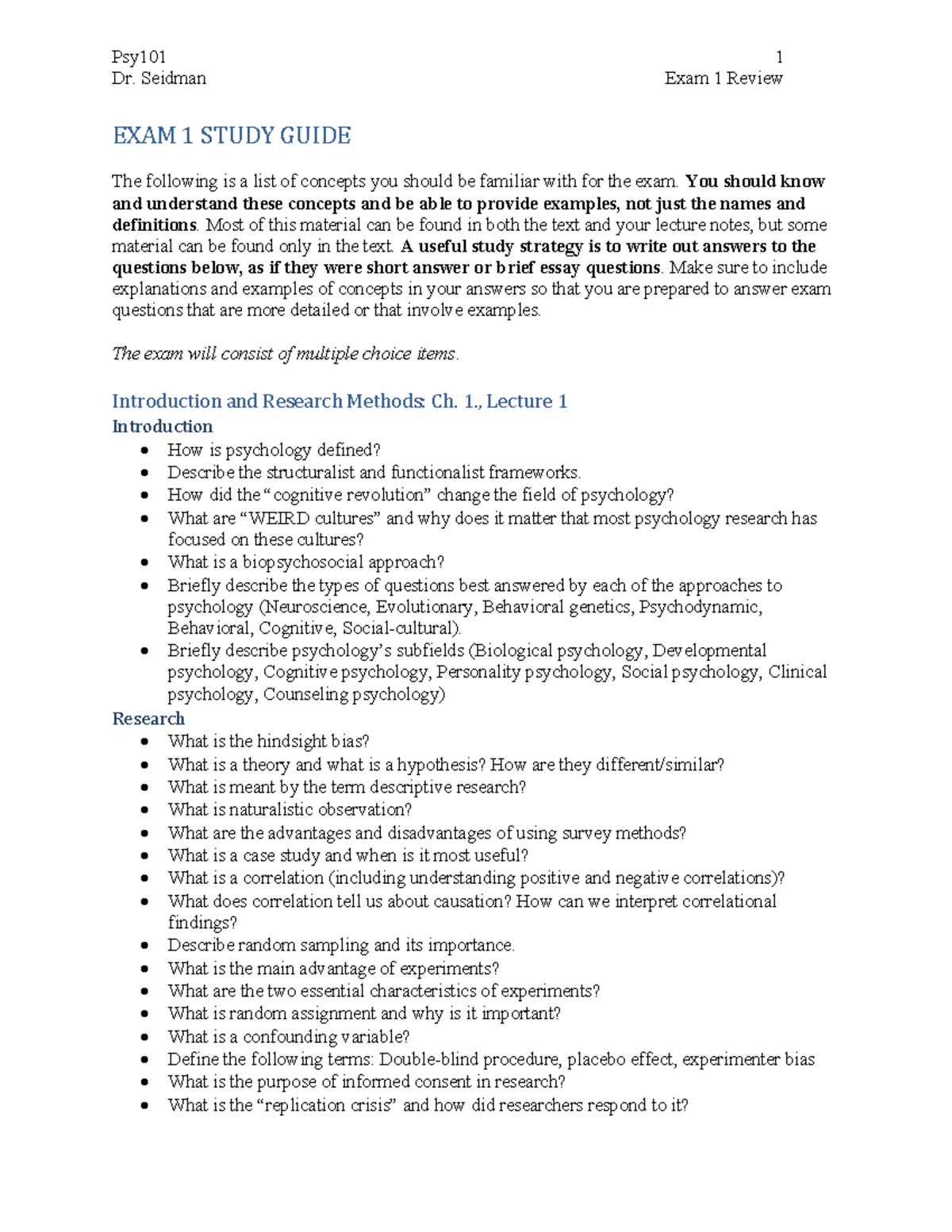 Psy101 Dr. Seidman Exam 1 Review Sheet: Key Concepts & Study Guide ...
