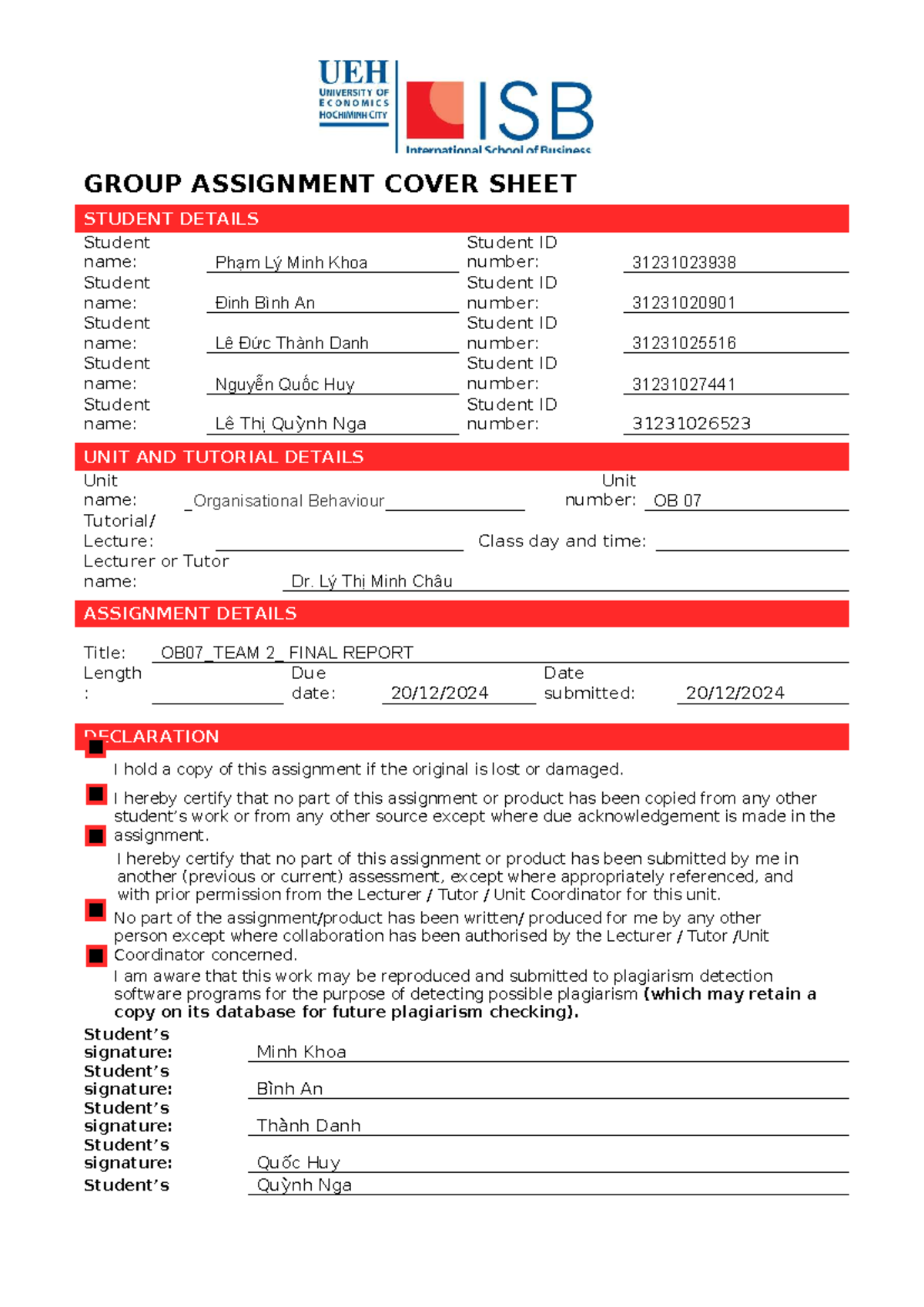 OB07 Team 2 Final Report Cover Sheet - Studocu