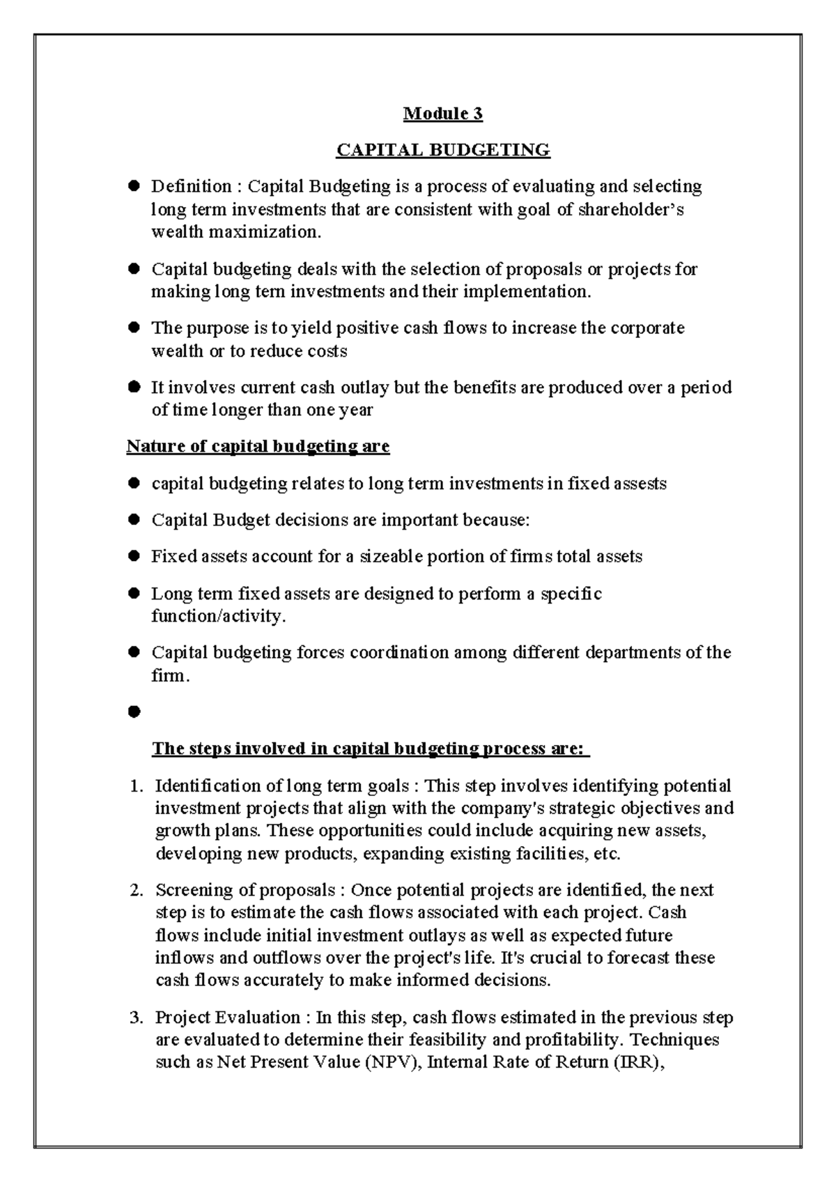 Module 3: Capital Budgeting Theory Notes and Project Evaluations - Studocu