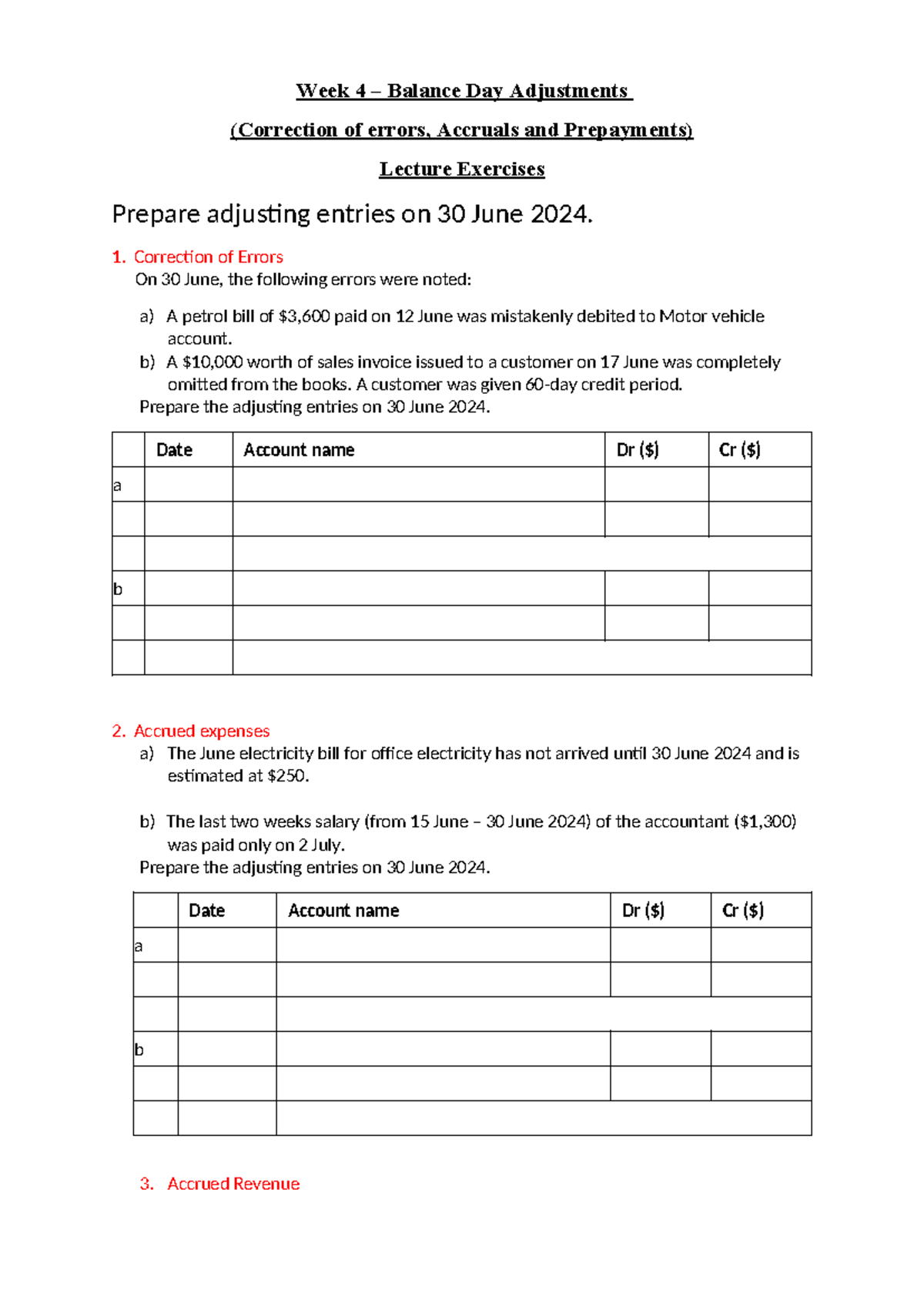 Week 4 ACCY 101 Balance Day Adjustments Lecture Exercises - Studocu