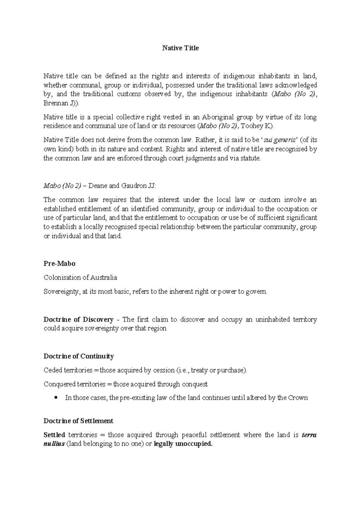 LAWS 2707 - Comprehensive Notes on Native Title and Its Implications ...