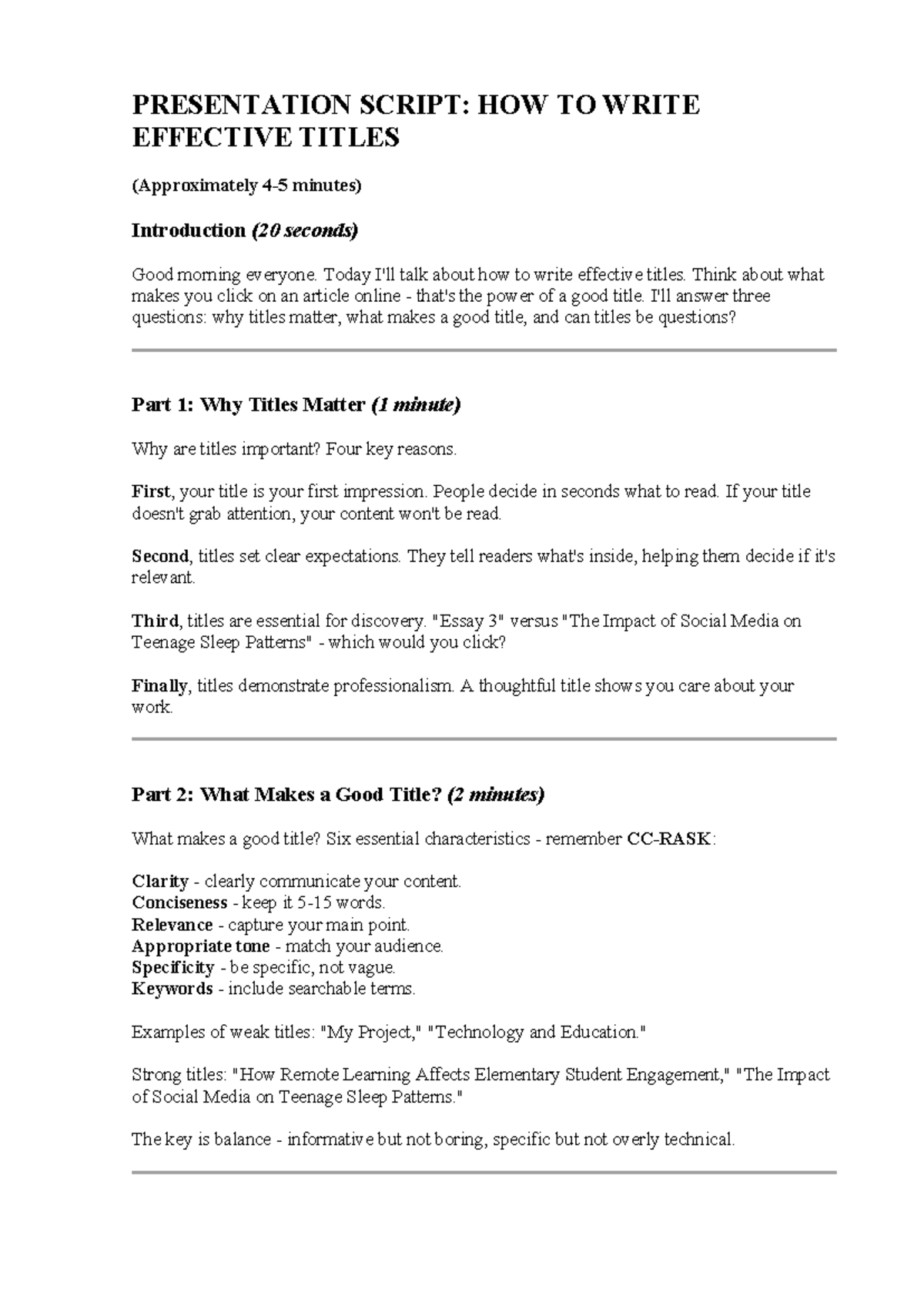 PRESENTATION SCRIPT: CREATING EFFECTIVE TITLES (Approx. 7 mins) - Studocu