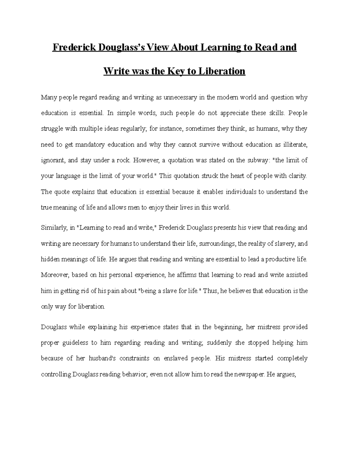 Dougla essay - Grade: a - Frederick Douglass’s View About Learning to ...