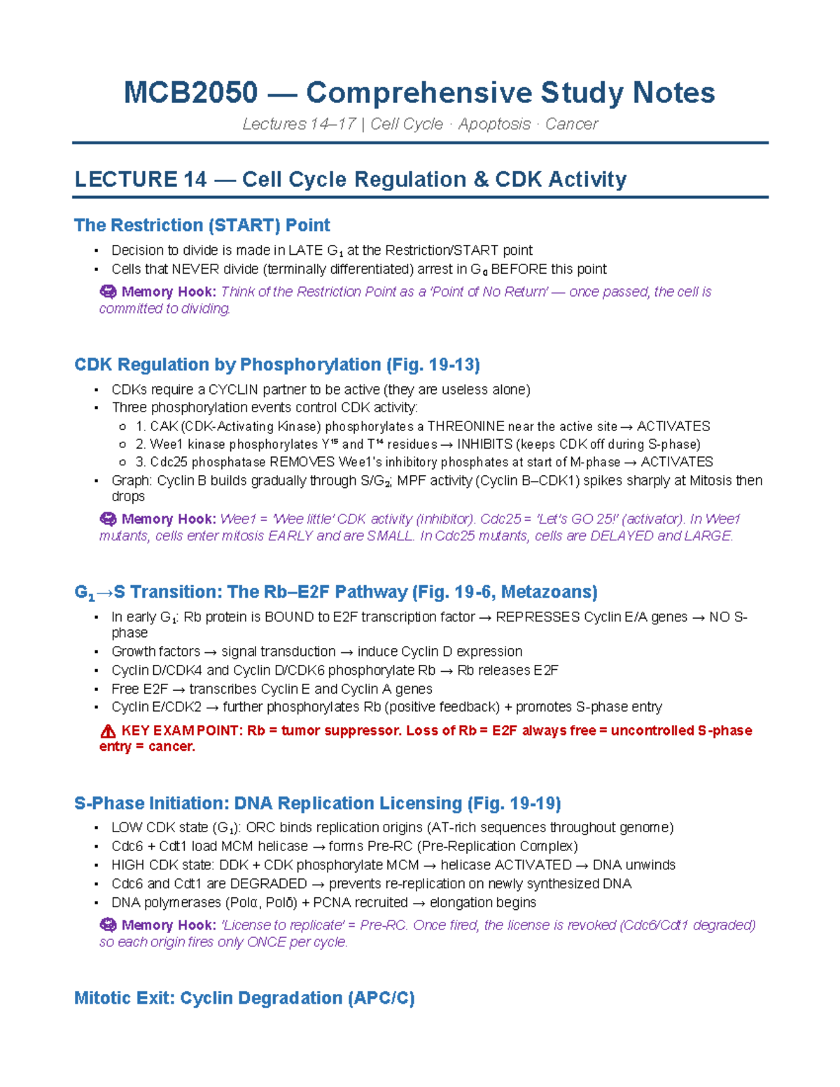 MCB2050 Comprehensive Study Notes: Lectures 14-17 on Cell Cycle ...