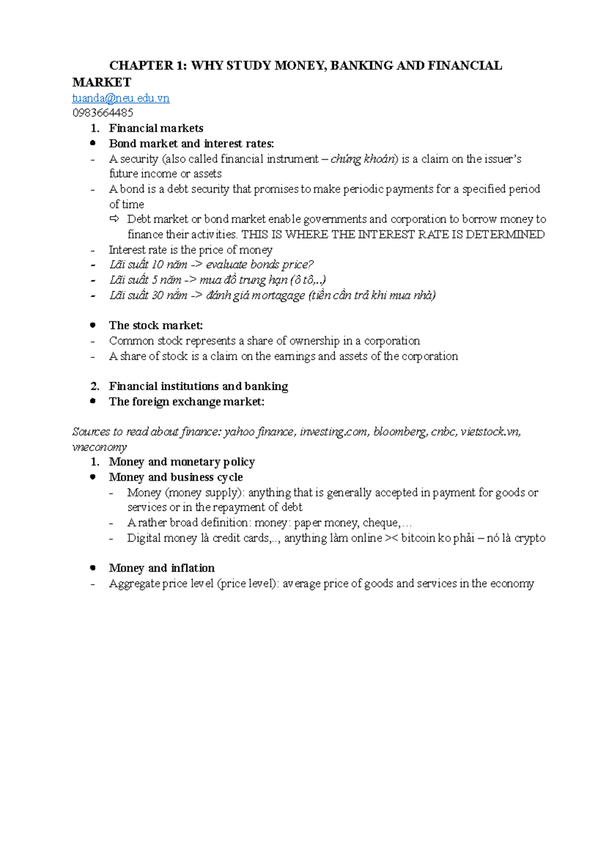 Theory of Finance of Money - CHAPTER 1: WHY STUDY MONEY, BANKING AND ...