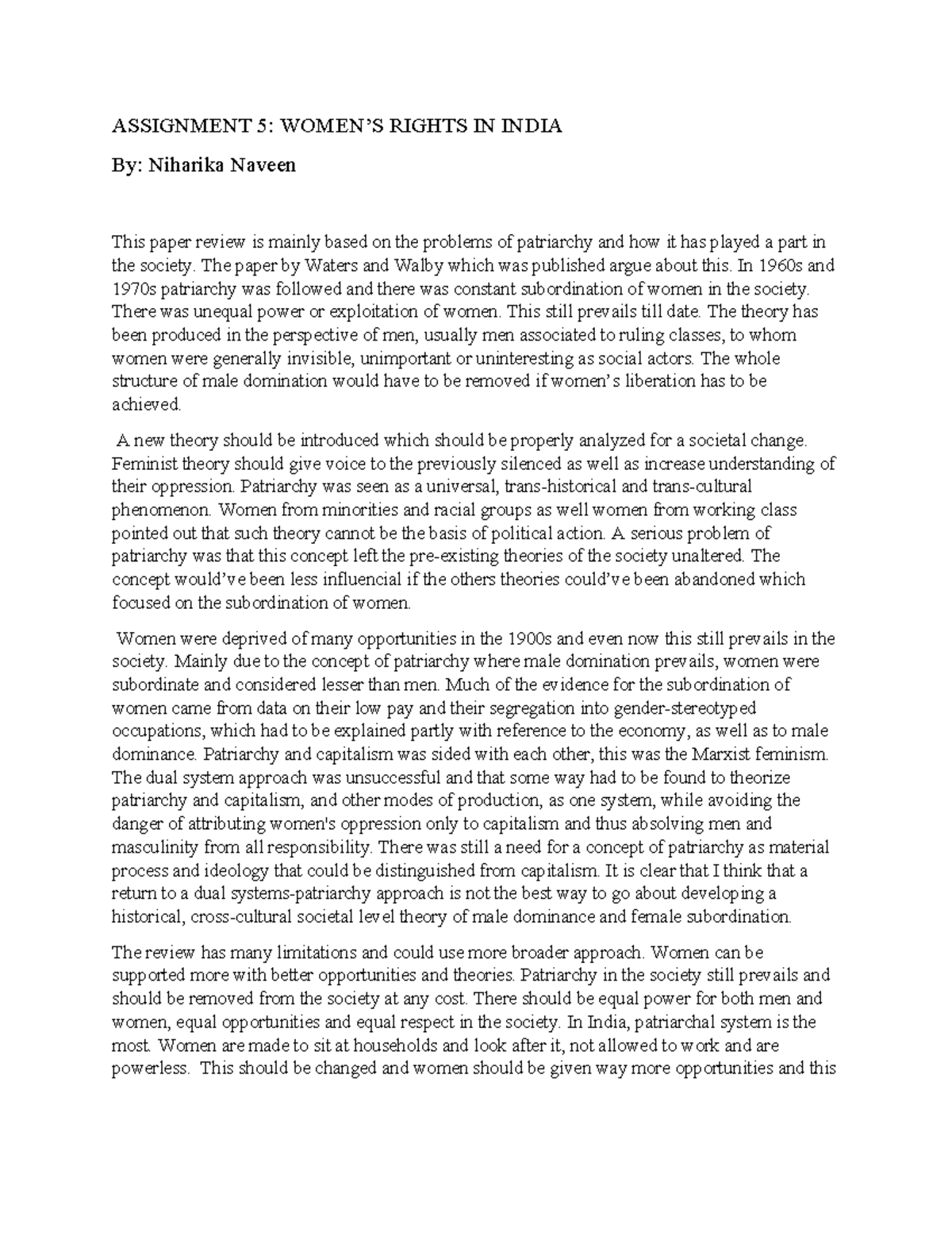 WOMEN'S RIGHTS IN INDIA: A Critical Review - ASSIGNMENT 5 - Studocu