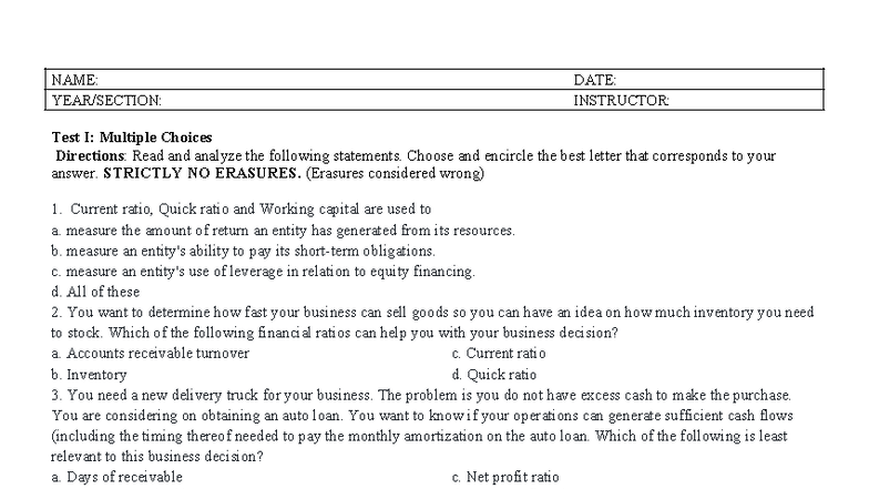 SBA 101: Test I - Multiple Choice Questions on Financial Ratios - Studocu