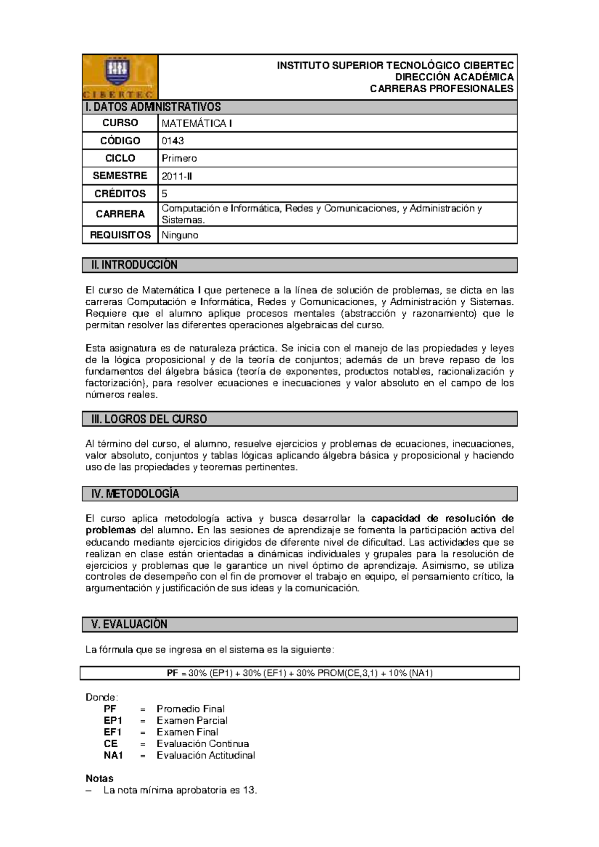 Sílabo de Matemática I - Código 0143 - Ciclo Primero 2011-II - Studocu