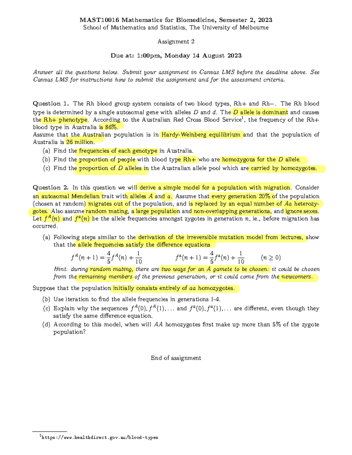Assignment+2+-+MAST10016+2023S2 - MAST10016 Mathematics for Biomedicine ...