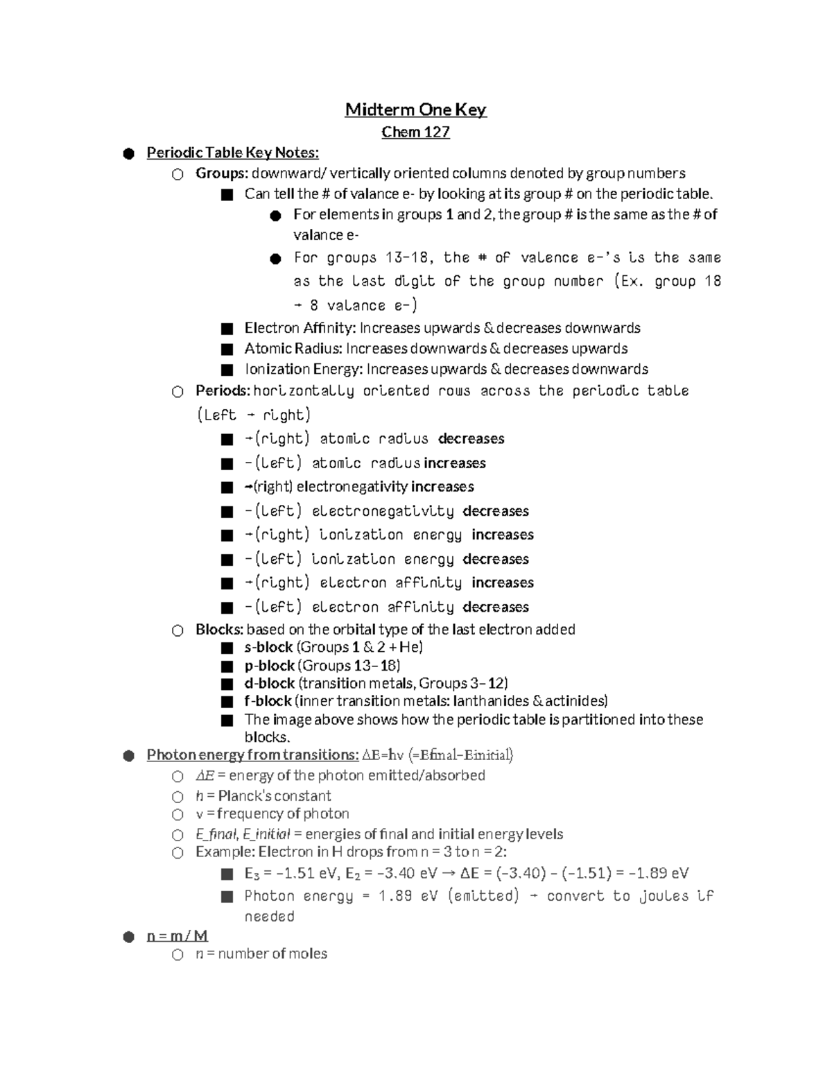 Chem 127 Midterm 1 Study Notes: Periodic Table & Key Concepts - Studocu