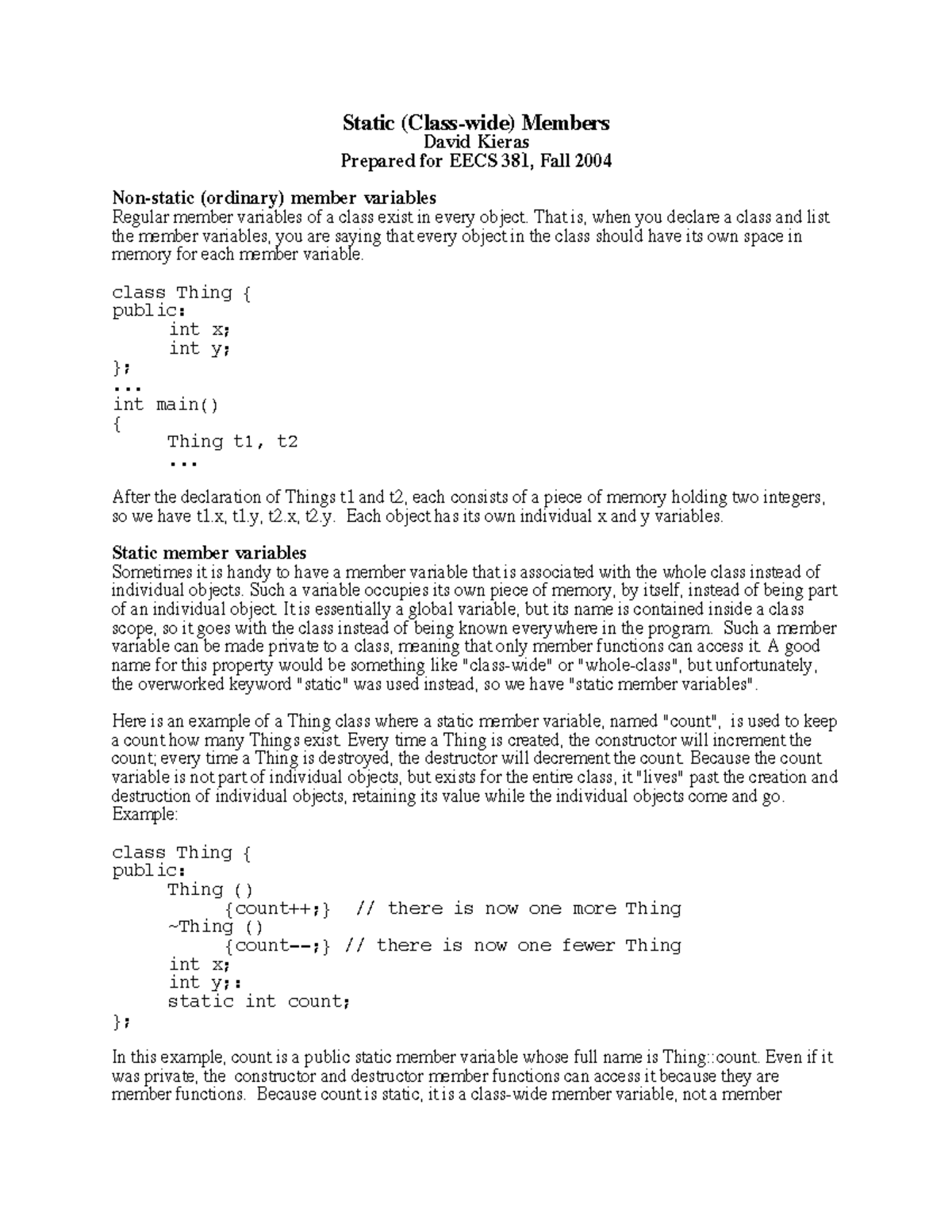 Static Members in C++: Understanding Class Variables for EECS 381 - Studocu