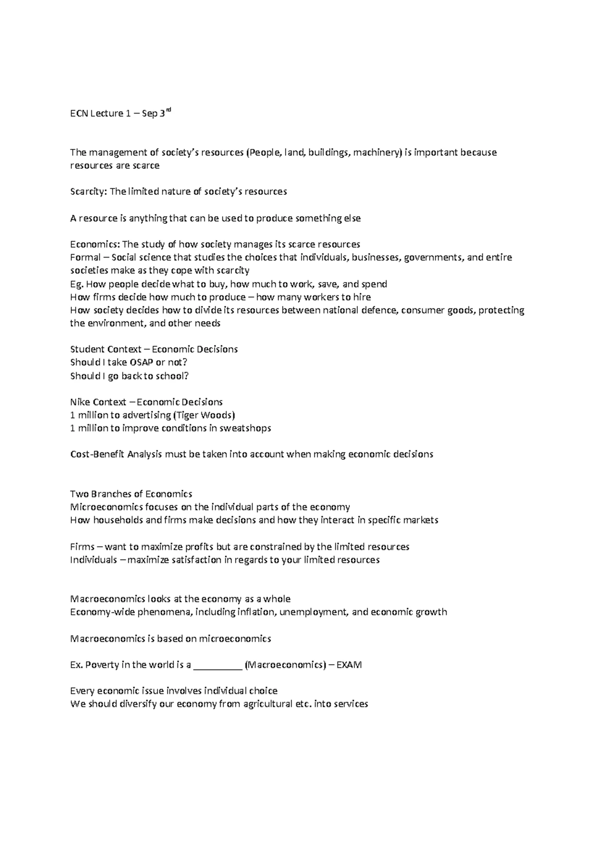 ECN 104 - Notes - Chapter 1 Scarcity (Every choice involves a trade-off ...