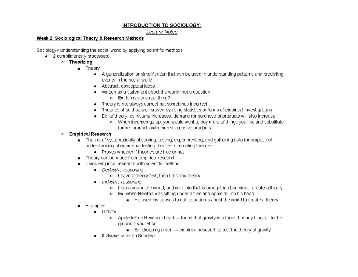 TO 2: Intro to Sociology Week 2 Notes on Sociological Theories and ...