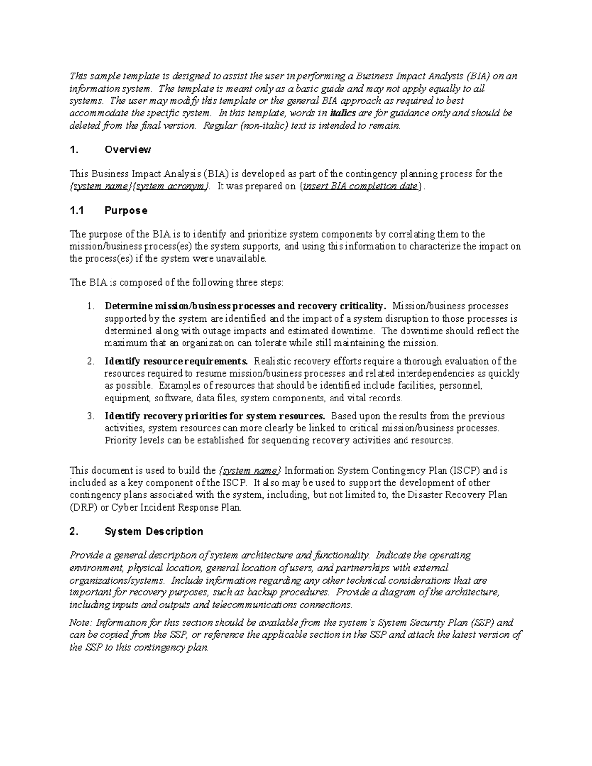 Business Impact Analysis (BIA) Template for ISCP Development - Studocu