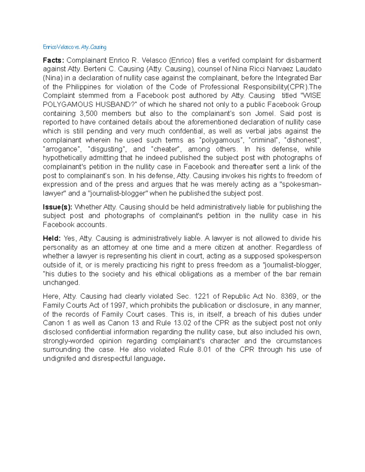 Case Digest: Velasco vs. Atty. Causing - Disbarment Complaint Analysis ...