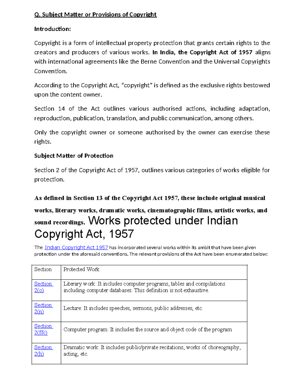 Subject Matter or Provisions of Copyright - Q. Subject Matter or ...