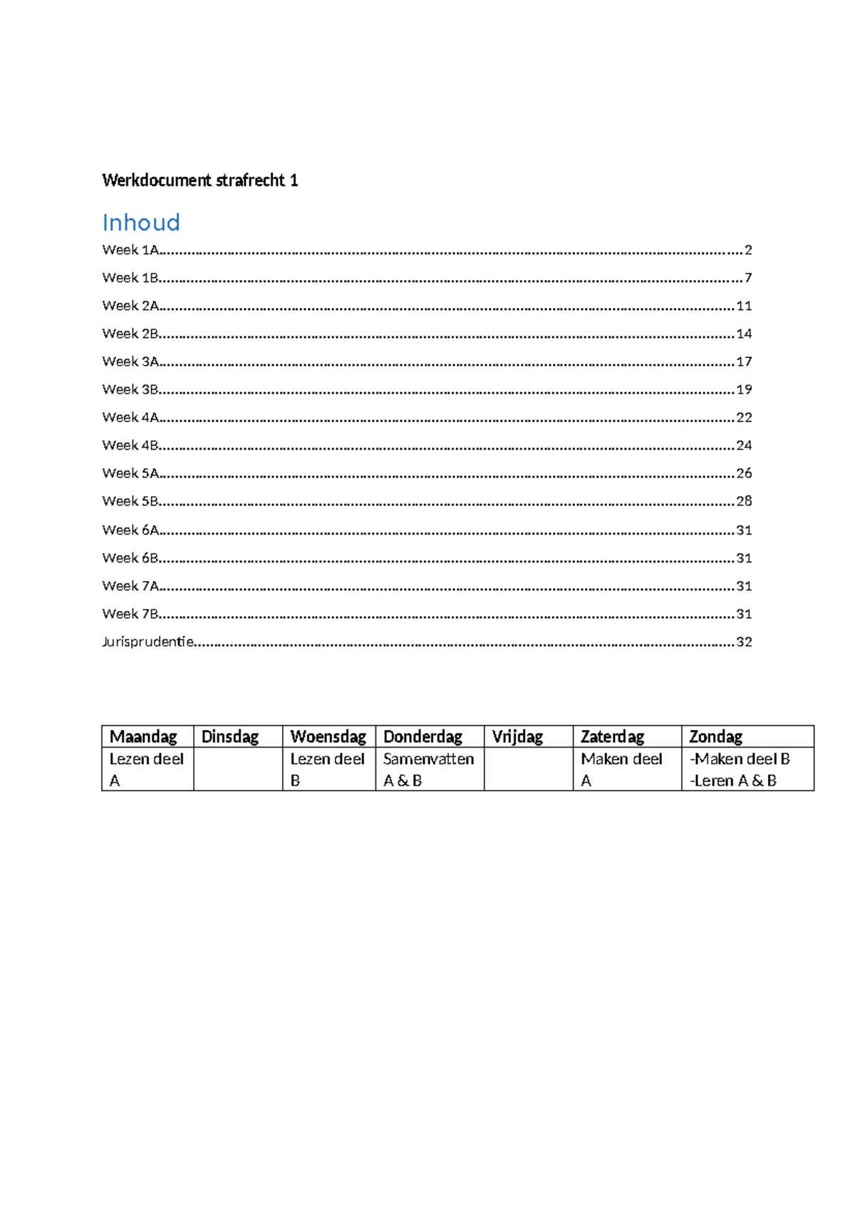 Werkdocument Strafrecht 1 - Weekelijkse Inhoudsopgave en Jurisprudentie ...