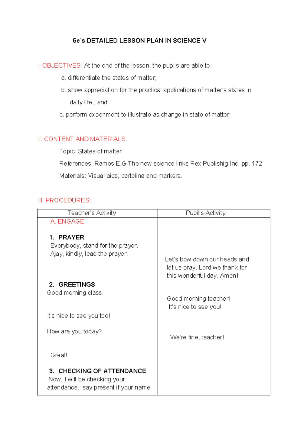 SCI5es - Detailed Lesson Plan on States of Matter for Grade V - Studocu