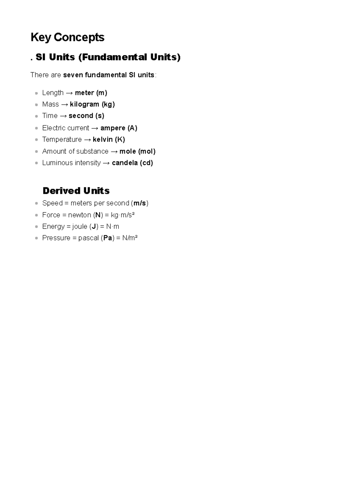 Key Concepts - A summary - Key Concepts . SI Units (Fundamental Units ...
