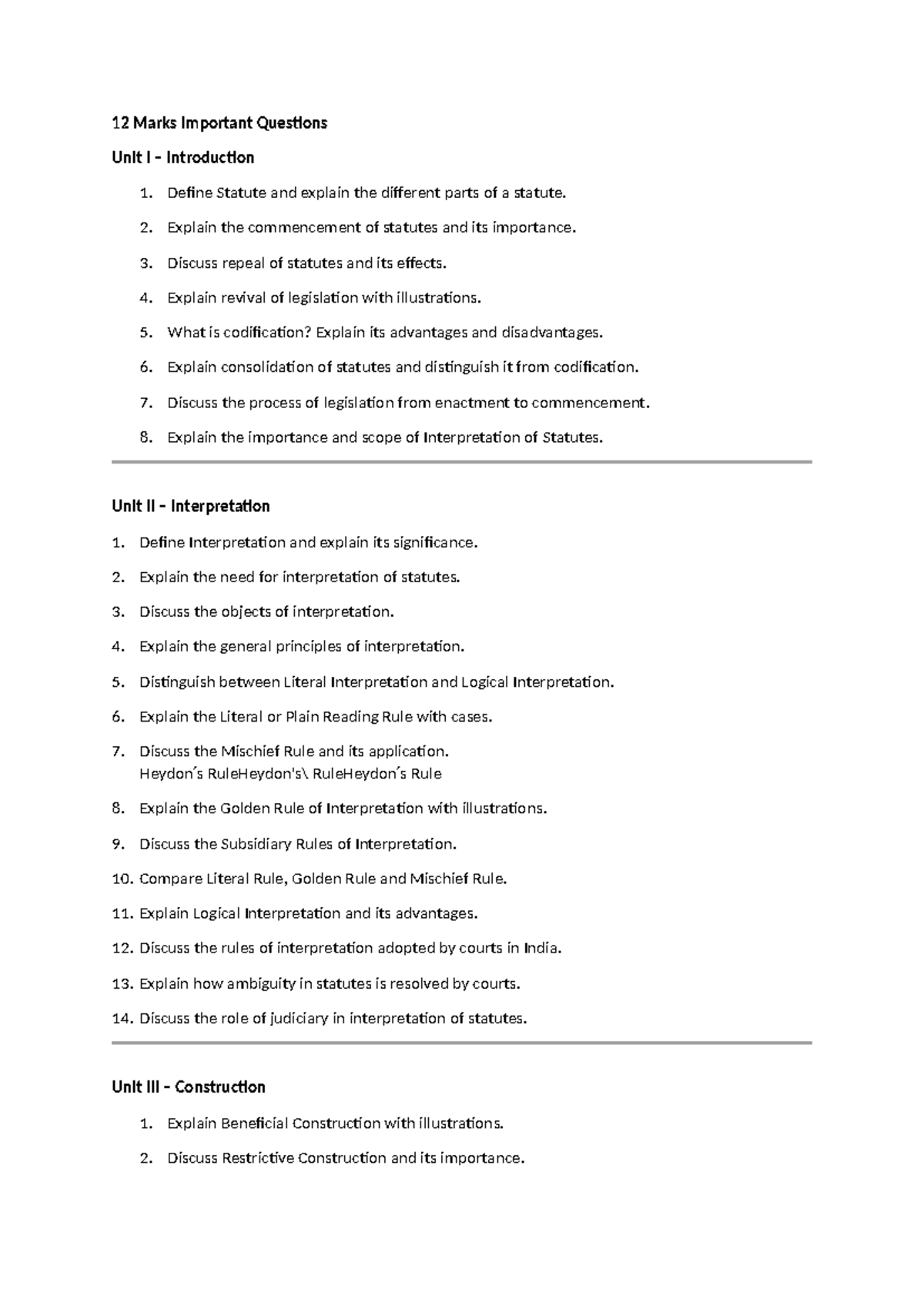12 Marks Important Questions on Statutes & Interpretation - Studocu