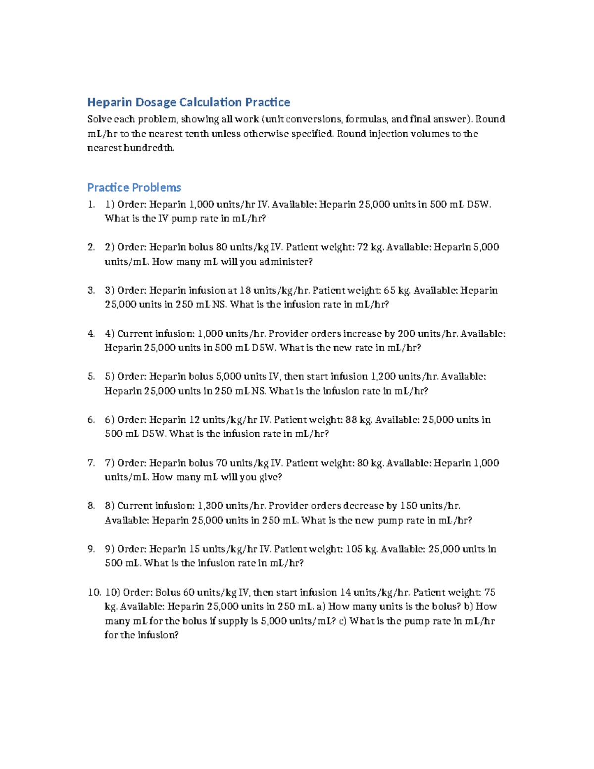 Heparin Dosage Calculation Practice Problems (Nursing 101) - Studocu