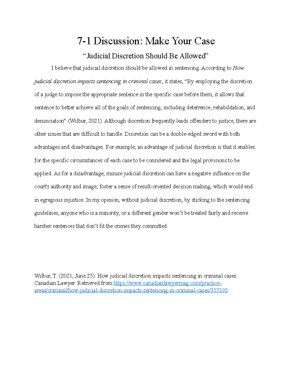 7-1 Discussion: The Role of Judicial Discretion in Sentencing - Studocu