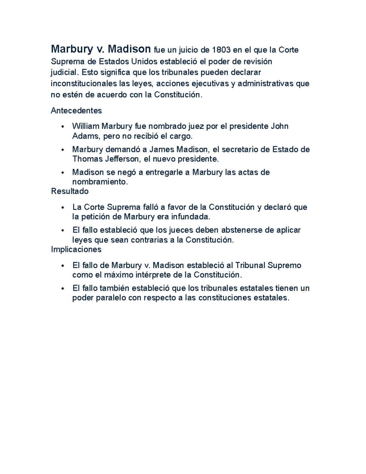 Marbury v. Madison - Resumen del Caso y su Impacto - Studocu