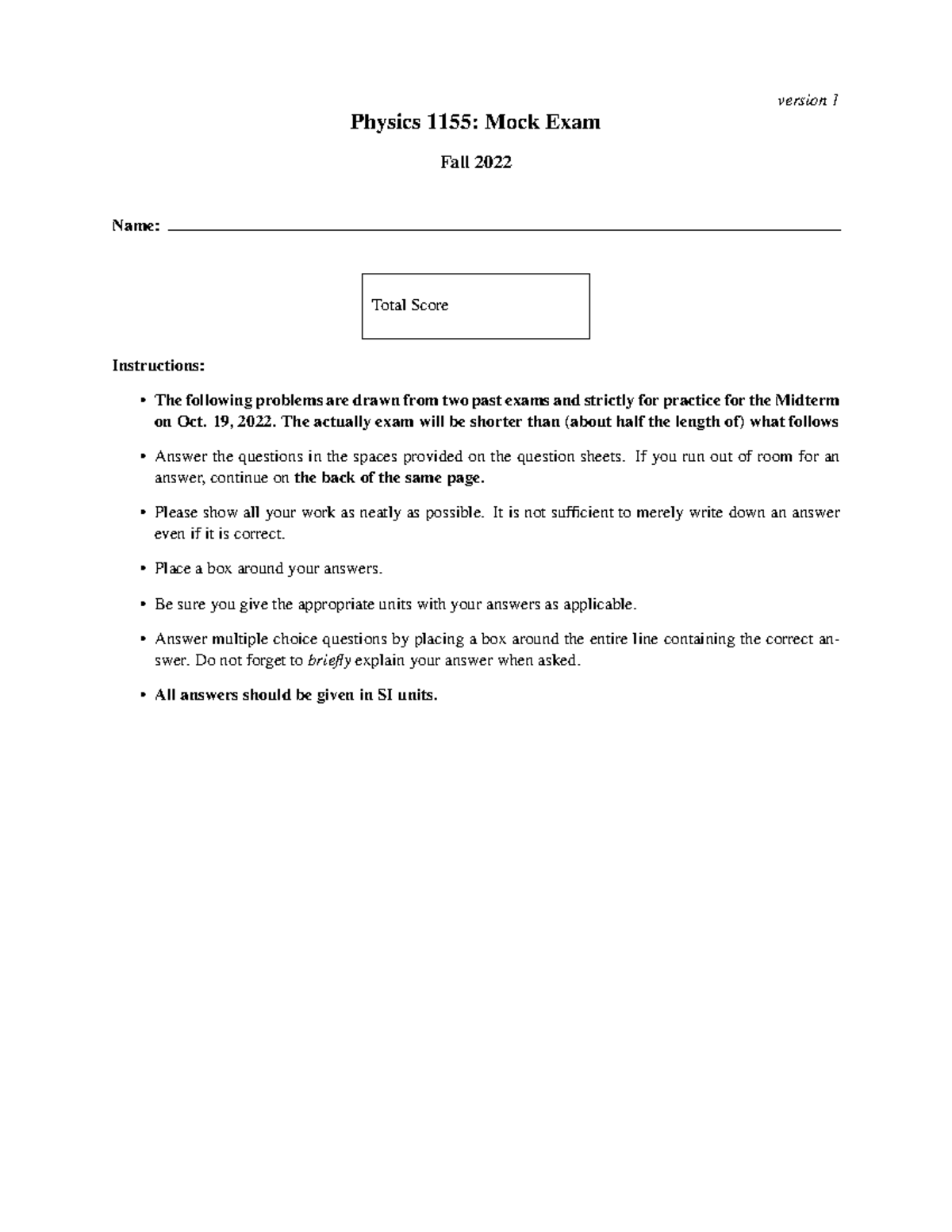 F22 Physics 1155 Midterm - Mock Exam Practice Questions - Studocu