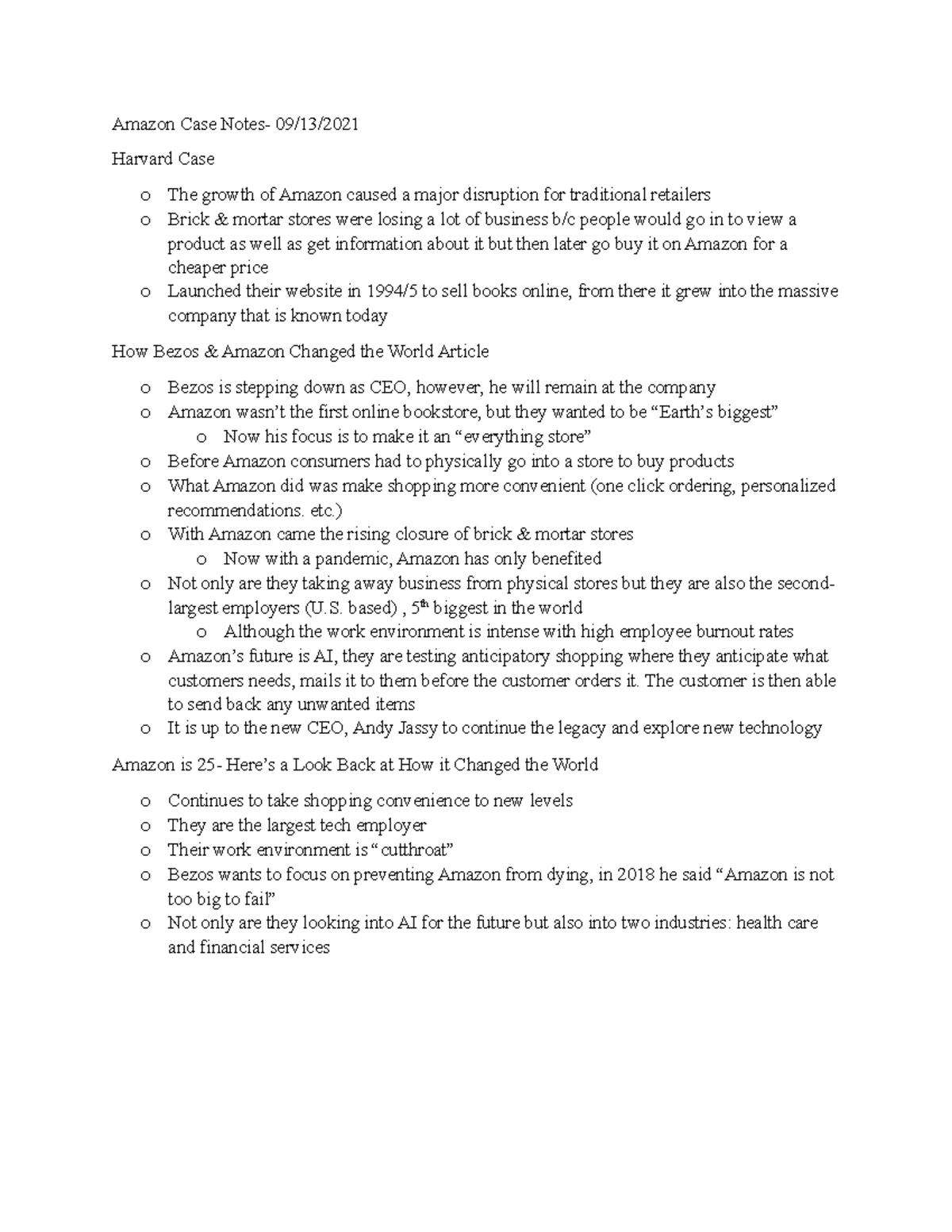 Amazon Case Notes - Amazon Case Harvard Case o The growth of Amazon ...