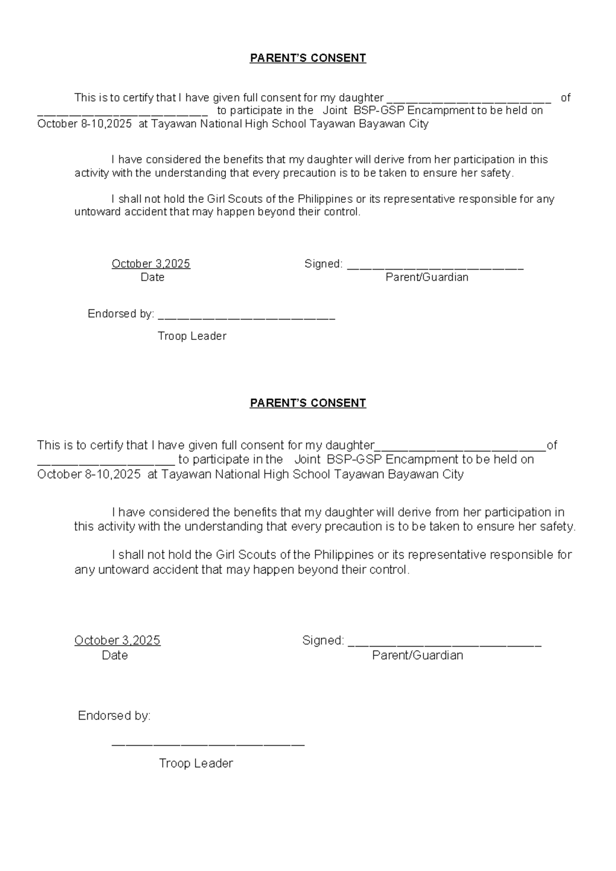 Parents' Consent Form for Joint Encampment Participation - Studocu