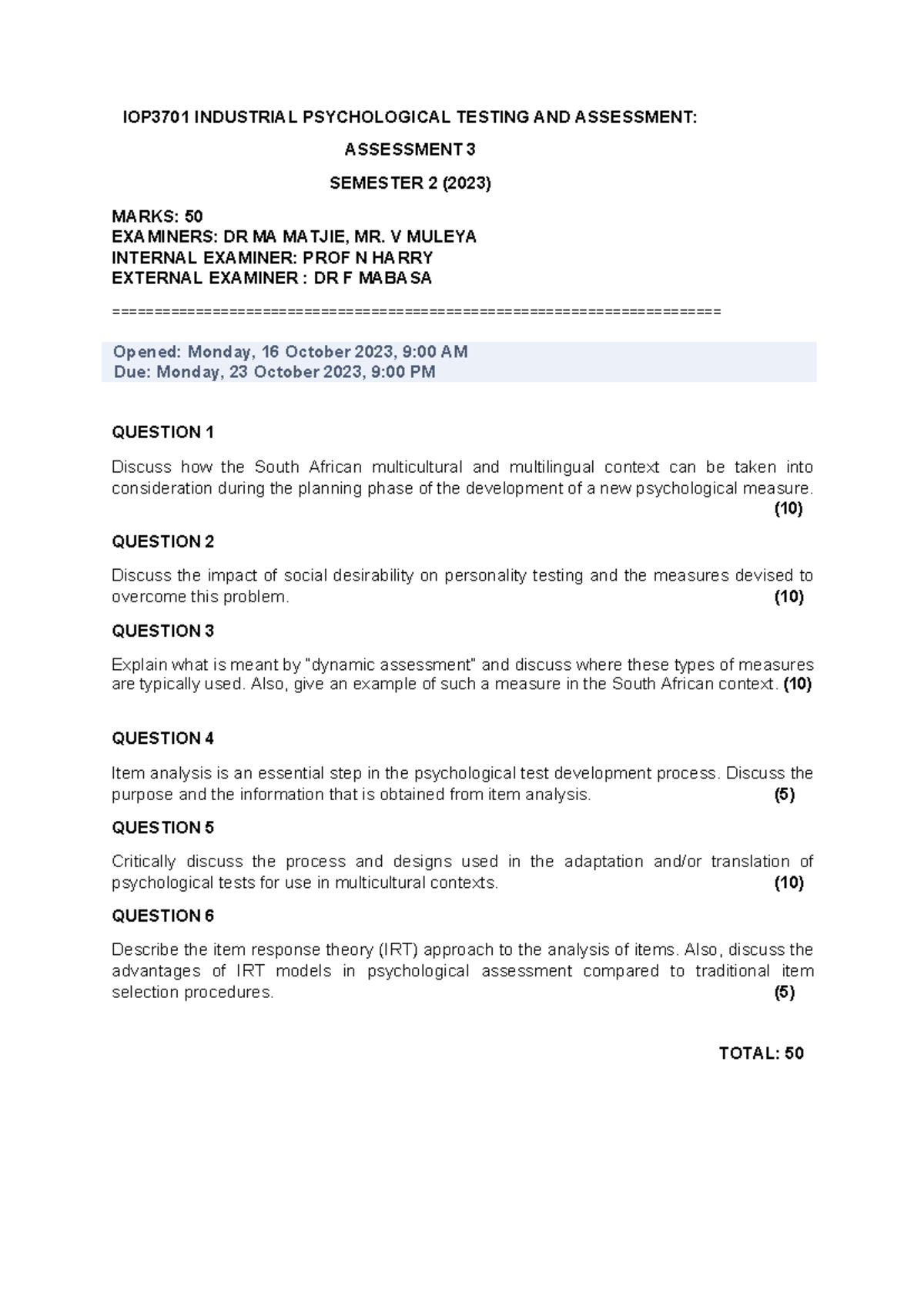 IOP3701 Assessment 3: Key Topics in Psychological Testing (Sem 2, 2023 ...