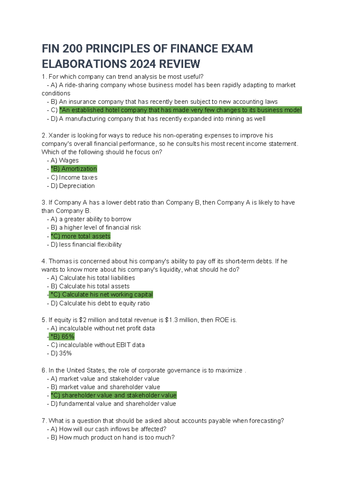 FIN 200 Principles of Finance Exam 2024 Review & Elaboration Notes ...