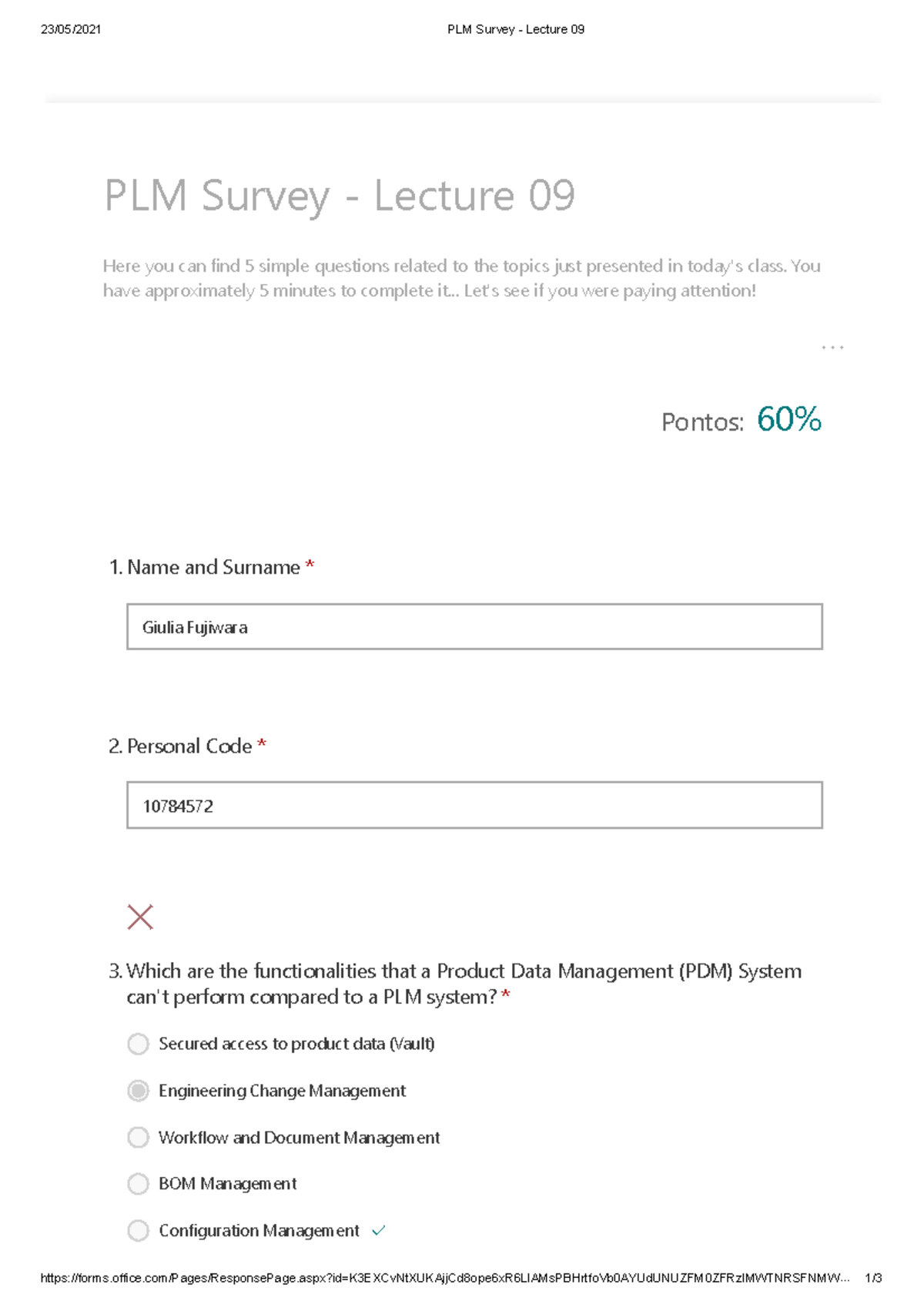 PLM Survey - Lecture 09 Feedback Questions for Class Engagement - Studocu