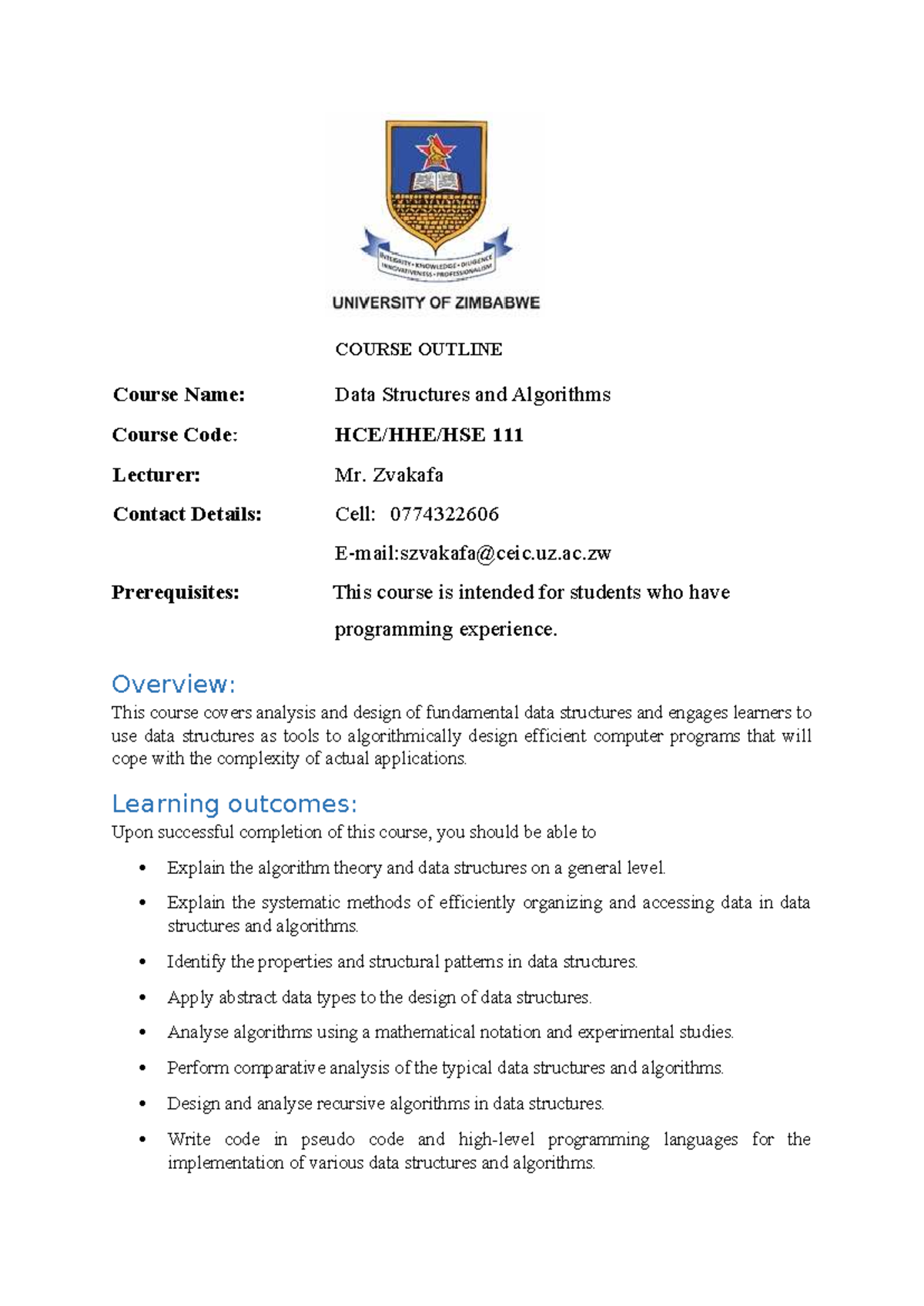 DATA Structures and Algorithms Course Outline (CS101) - Studocu