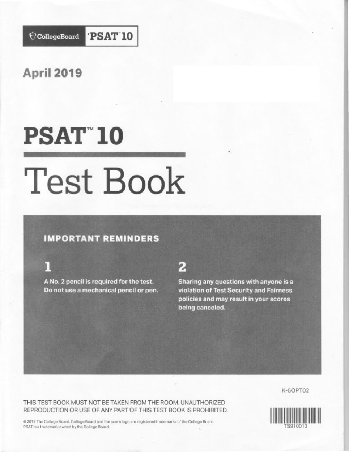 PSAT 10 April 2019 Test Book: Important Reminders and Guidelines - Studocu