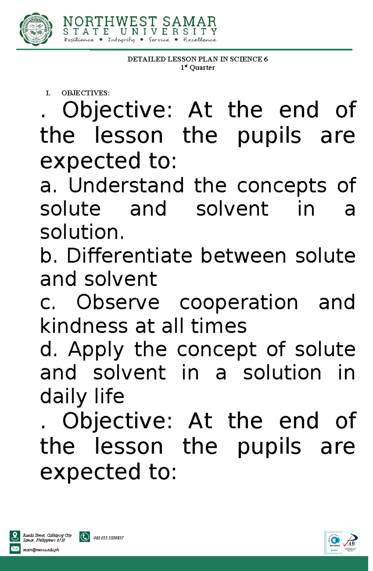 Detailed Lesson Plan for Science 6 (1st Quarter): Solutes & Solvents ...
