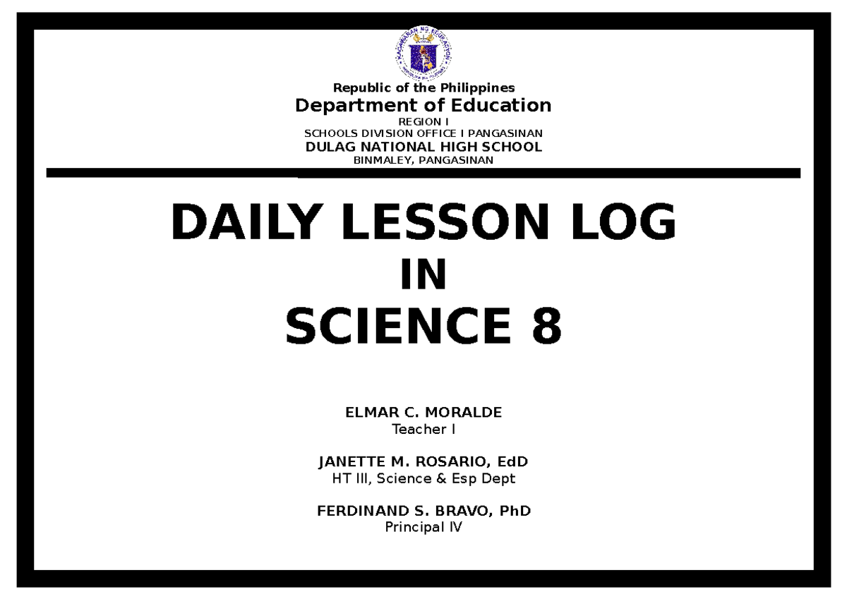 DLL FP - Front page of Daily lesson log - Grade 8 Science - Republic of ...