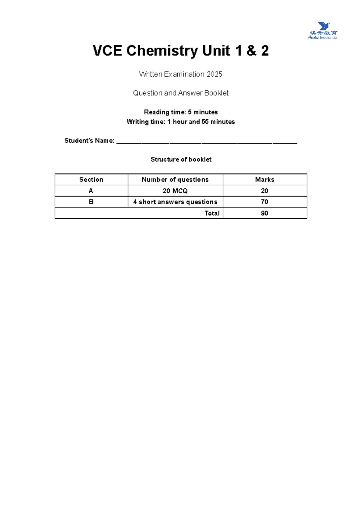 2025 VCE Chemistry Unit 1 & 2 Exam Question and Answer Booklet - Studocu